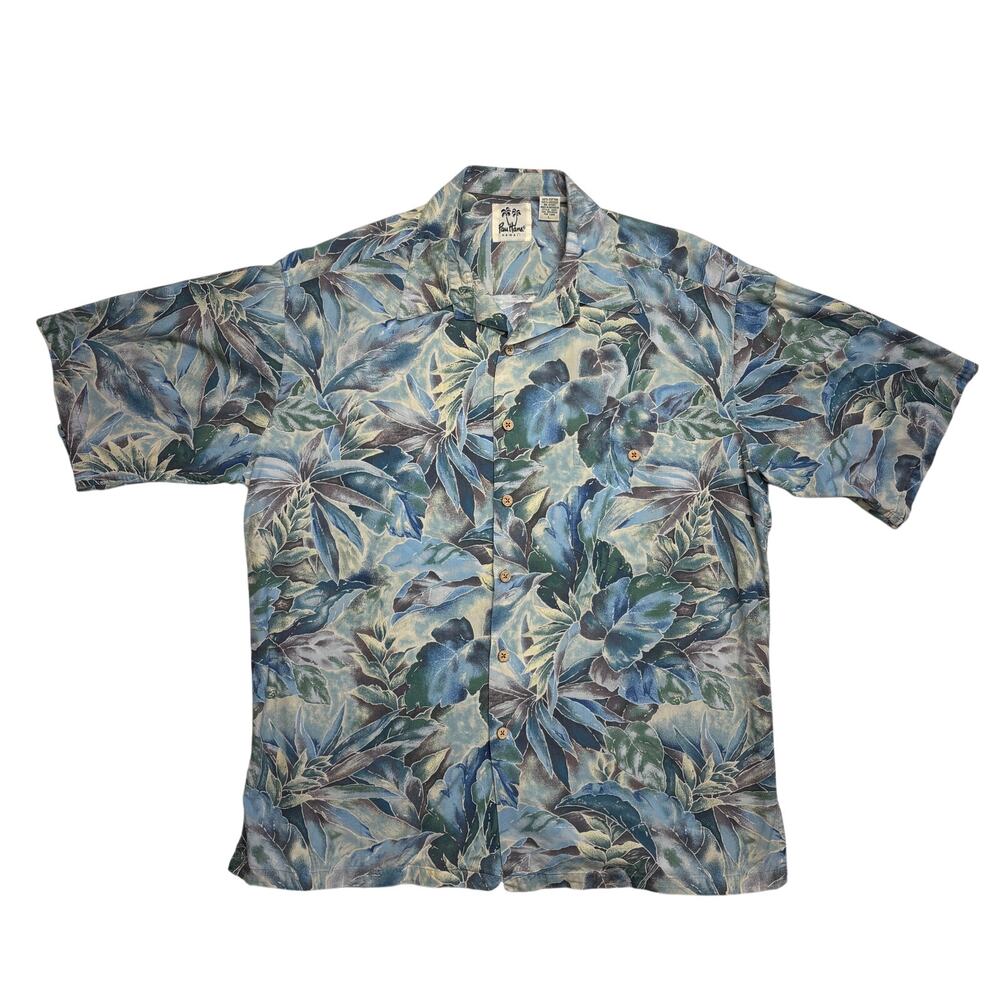 Vintage Pau Hana Shirt Large Mens Blue Floral Hawaiian Camp Aloha Button Up